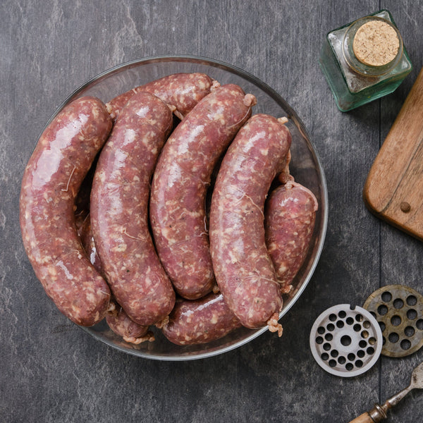 Grass Fed Beef & herb sausages, (quick frozen, un-aged, additive free, gluten free)