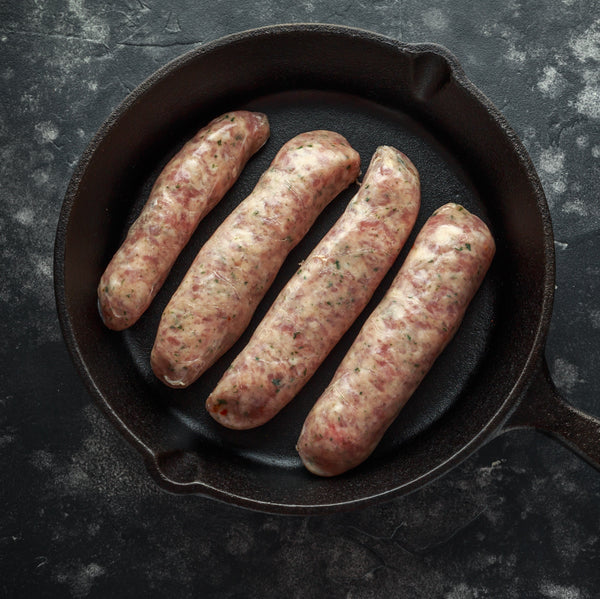 Pasture raised Free range pork no grain sausages  (pork, onion, herbs, additive free, grain free, gluten free, frozen)