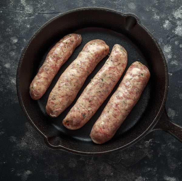 Pasture raised Free range pork no grain sausages  (pork, onion, herbs, additive free, grain free, gluten free, frozen)