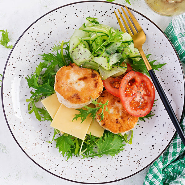 Free Range Chicken Burgers with tarragon, garlic, ginger and pink peppercorns (quick frozen, un-aged, grain free, no rusk, 97% Chicken)