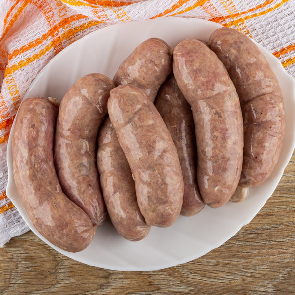 Free Range Chicken sausages with tarragon, fresh thyme and pink peppercorns (quick frozen, unaged, grain free, 97% Chicken)