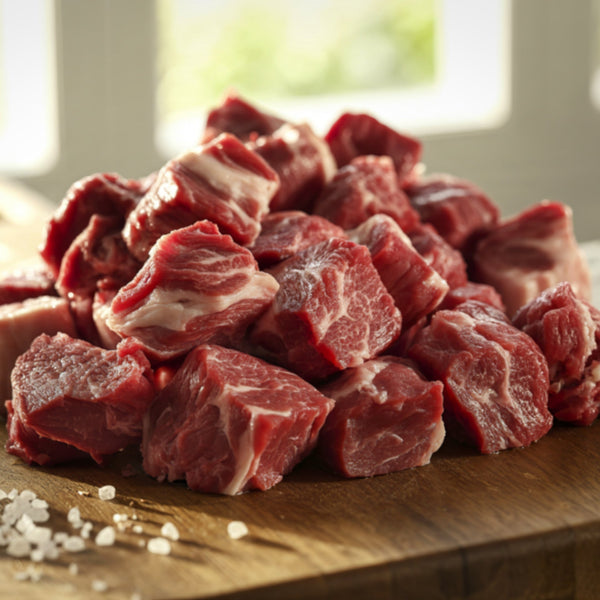 Grass Fed Beef chuck diced casserole cubes (quick frozen, un-aged)