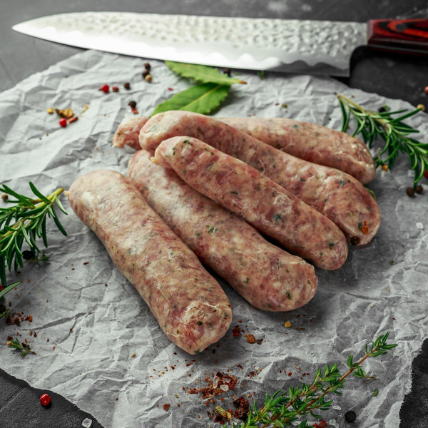 Pasture raised Free Range Quick Frozen Pork Irish Breakfast Sausages (pork, onion, thyme, quick frozen, un-aged, additive free, gluten free )