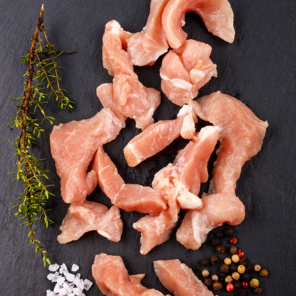 Quick frozen un-aged free range pork stir-fry with tarragon, garlic, ginger and pink pepper