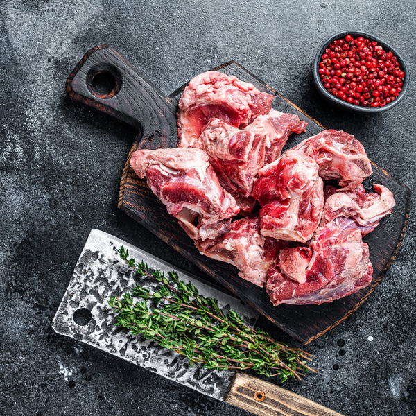 Quick frozen un-aged grass fed lamb shoulder chunks for  slow cooking